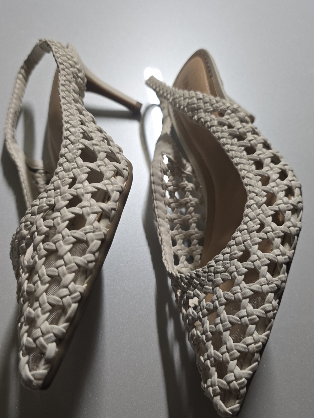 Woven Slingback Pointed-Toe Heels in White